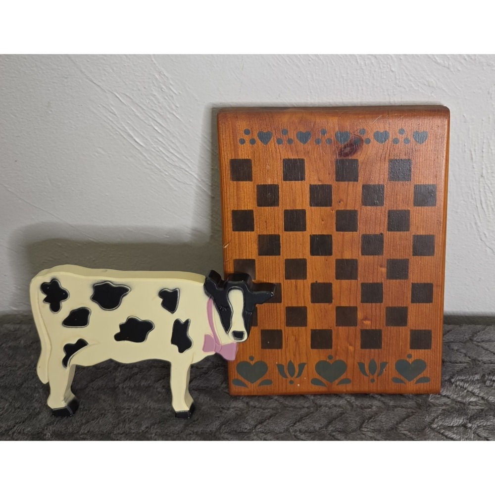 Vintage Hand Painted Folk Art Wooden Checkered Board Wall Decor Plastic Cow